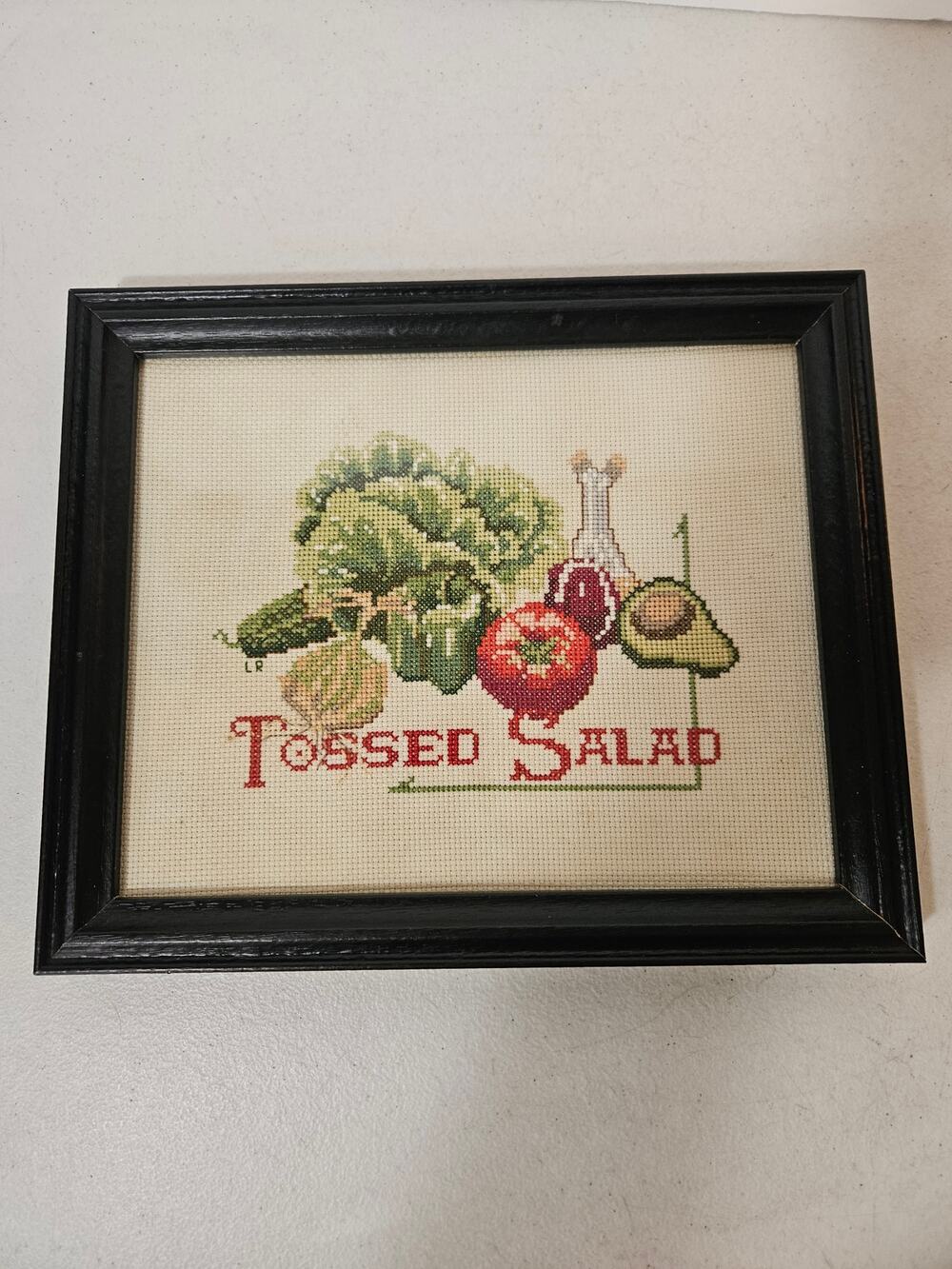 Vintage Tossed Salad Cross Stitch Framed Kitchen Wall Art Handcrafted Decor